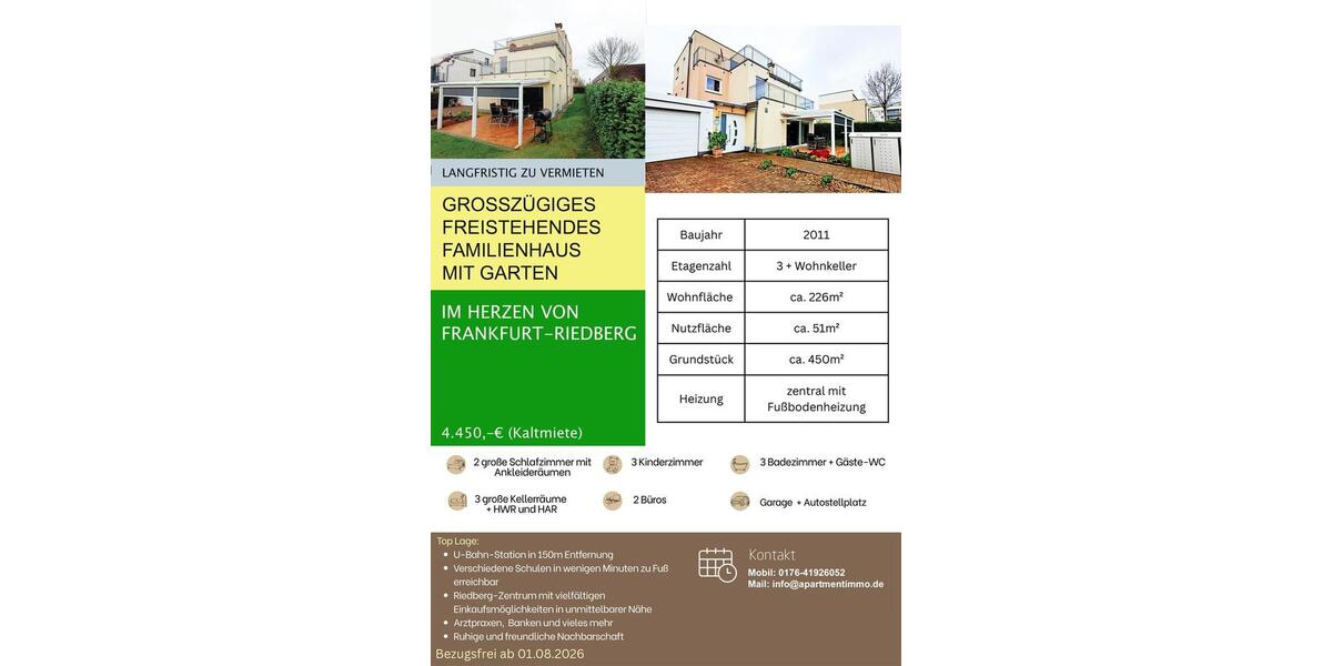 Einfamilienhaus Frankfurt am Main Kalbach - 11 Zimmer, 226 m&sup2;, 4.450&euro; | Angebot:25858316