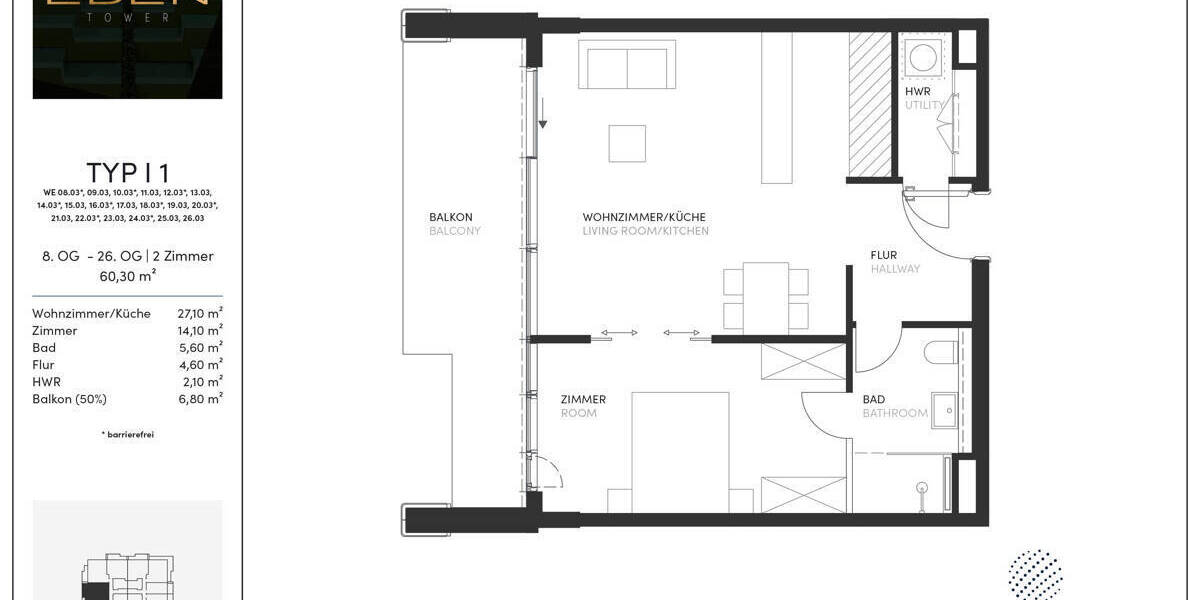 Etagenwohnung Frankfurt am Main Gallus - 2 Zimmer, 60 m&sup2;, 610.000&euro; | Angebot:26085805