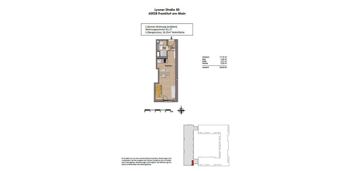 Etagenwohnung Frankfurt am Main Niederrad - 1 Zimmer, 24 m&sup2;, 860&euro; | Angebot:25544471