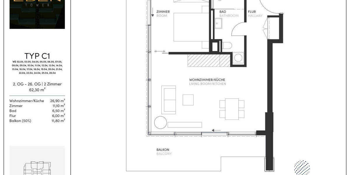 Etagenwohnung Frankfurt am Main Gallus - 2 Zimmer, 62 m&sup2;, 620.000&euro; | Angebot:25975484