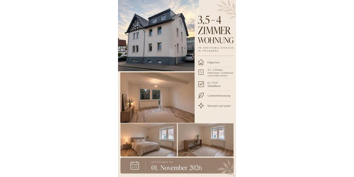 Erdgeschoßwohnung Friedberg (Hessen) - 4 Zimmer, 75 m&sup2;, 1.350&euro; | Angebot:27602876