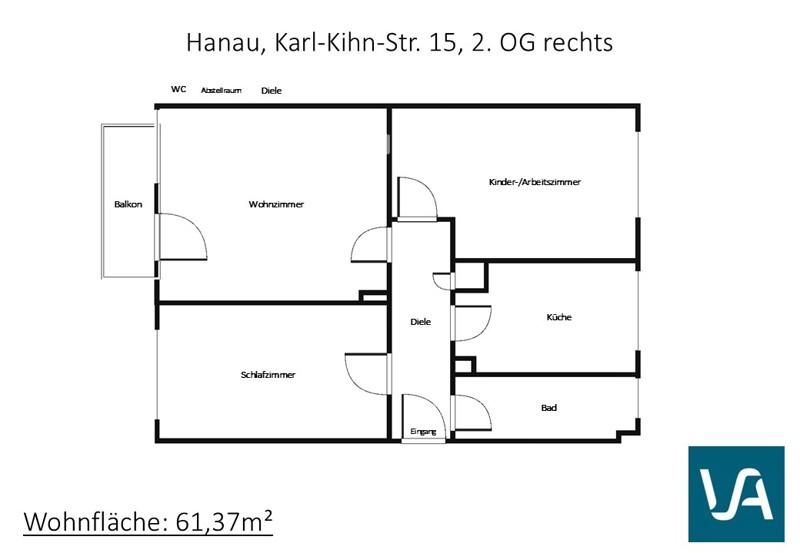Etagenwohnung Hanau Großauheim - 2.5 Zimmer, 61 m&sup2;, 608&euro; | Angebot:25802587