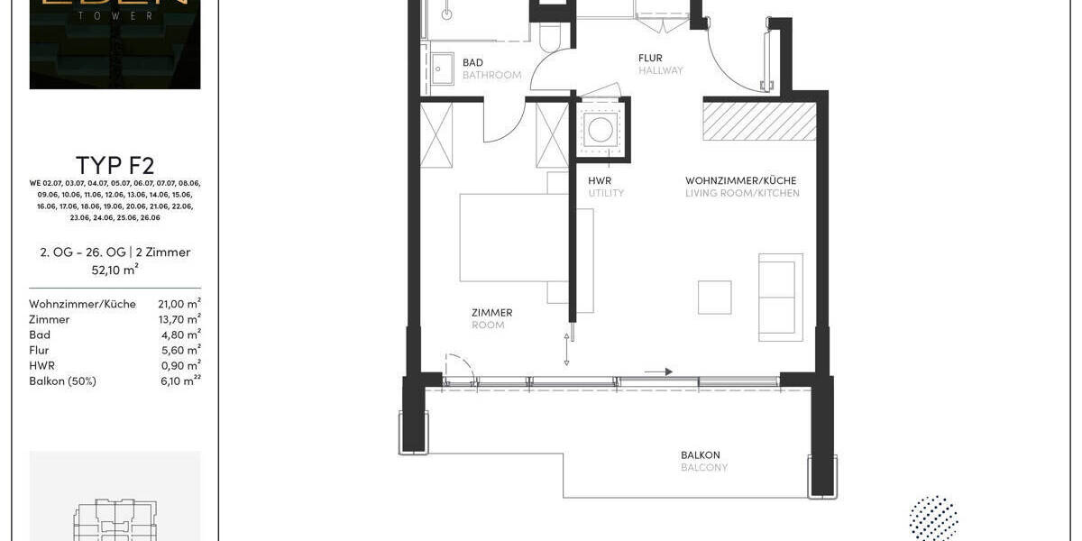 Etagenwohnung Frankfurt am Main Gallus - 2 Zimmer, 52 m&sup2;, 499.000&euro; | Angebot:26020558