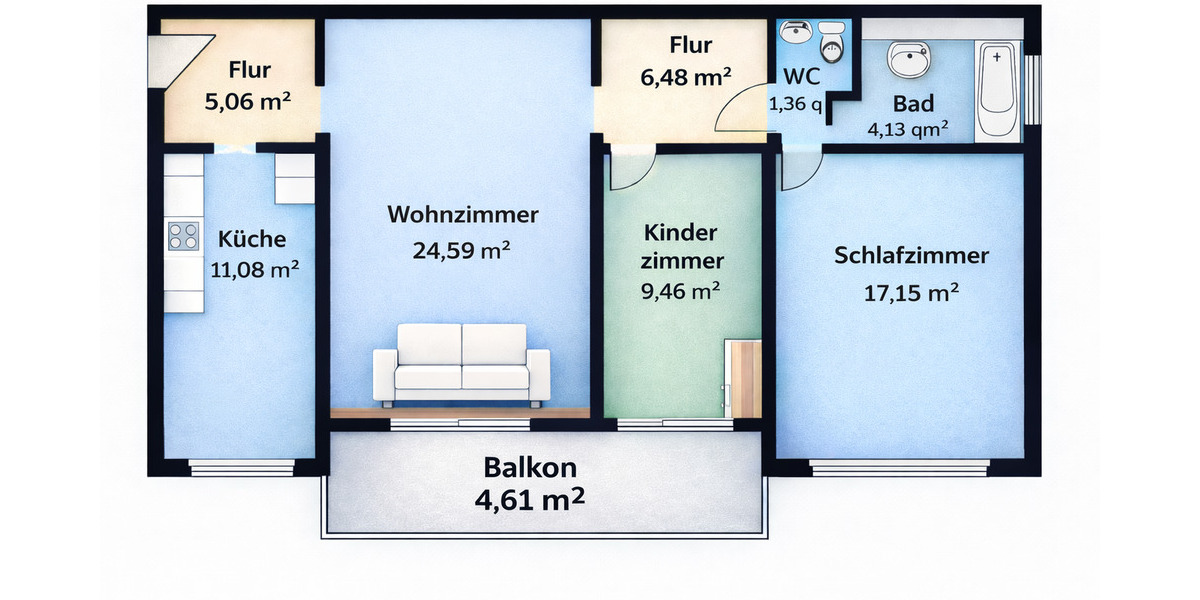 Etagenwohnung Frankfurt am Main Eckenheim - 3 Zimmer, 84 m&sup2;, 360.000&euro; | Angebot:25690977