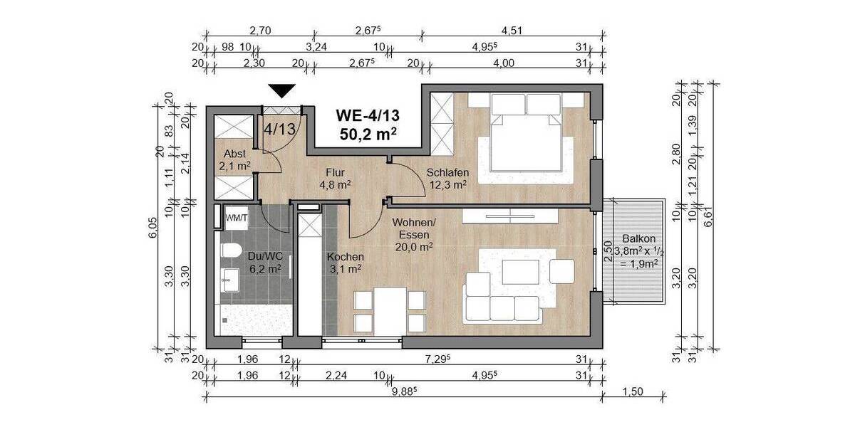Etagenwohnung Offenbach am Main Bürgel - 2 Zimmer, 50 m&sup2;, 283.020&euro; | Angebot:26891446