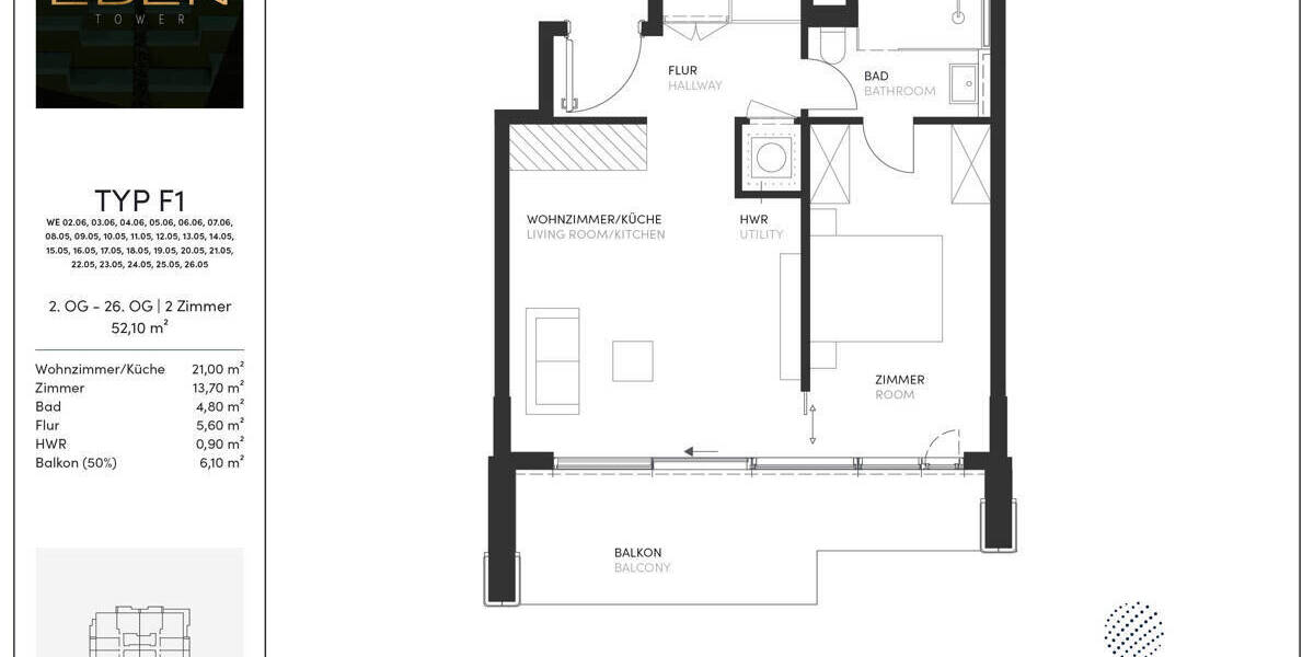 Etagenwohnung Frankfurt am Main Gallus - 2 Zimmer, 52 m&sup2;, 499.000&euro; | Angebot:25976324