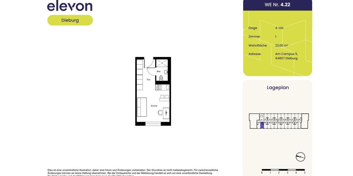 Etagenwohnung Dieburg - 1 Zimmer, 22 m&sup2;, 415&euro; | Angebot:25811214