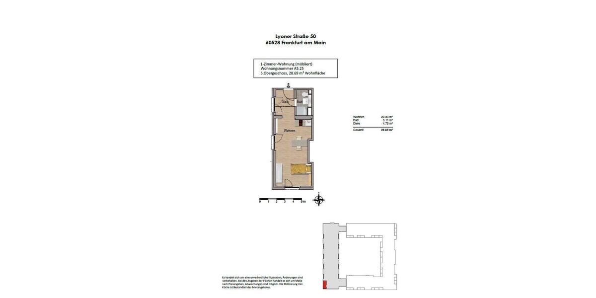 Etagenwohnung Frankfurt am Main Niederrad - 1 Zimmer, 29 m&sup2;, 945&euro; | Angebot:26004734