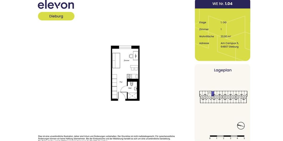 Etagenwohnung Dieburg - 1 Zimmer, 22 m&sup2;, 395&euro; | Angebot:25920844