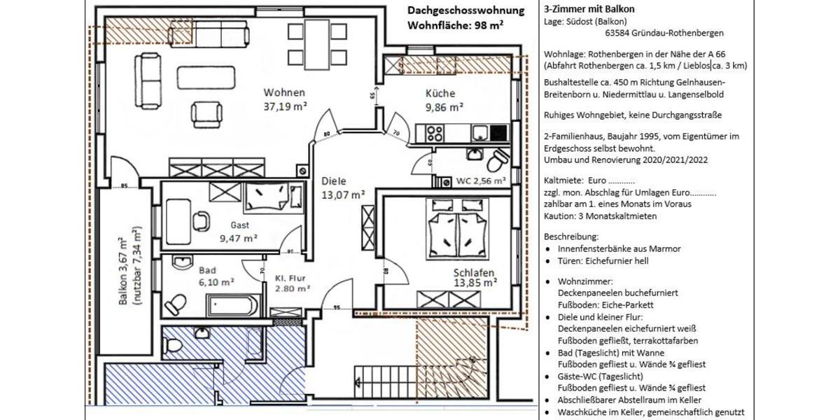 Dachgeschoßwohnung Gründau - 3 Zimmer, 98 m&sup2;, 800&euro; | Angebot:25830883