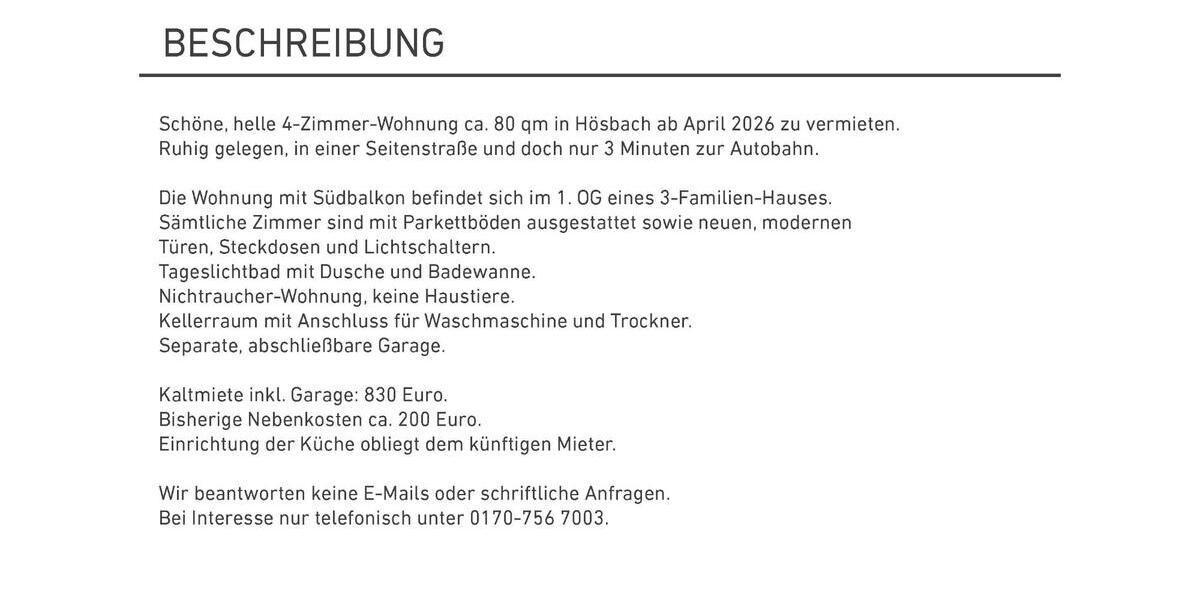 Etagenwohnung Hösbach - 4 Zimmer, 80 m&sup2;, 830&euro; | Angebot:25570682
