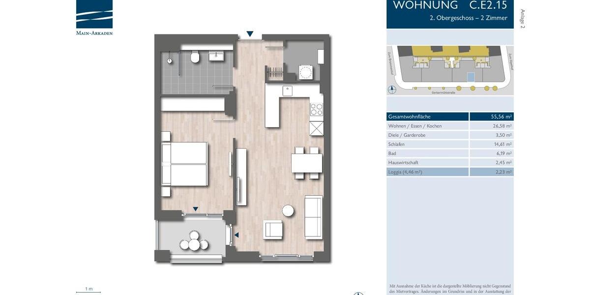 Etagenwohnung Frankfurt am Main Sachsenhausen - 2 Zimmer, 56 m&sup2;, 1.140&euro; | Angebot:25991173
